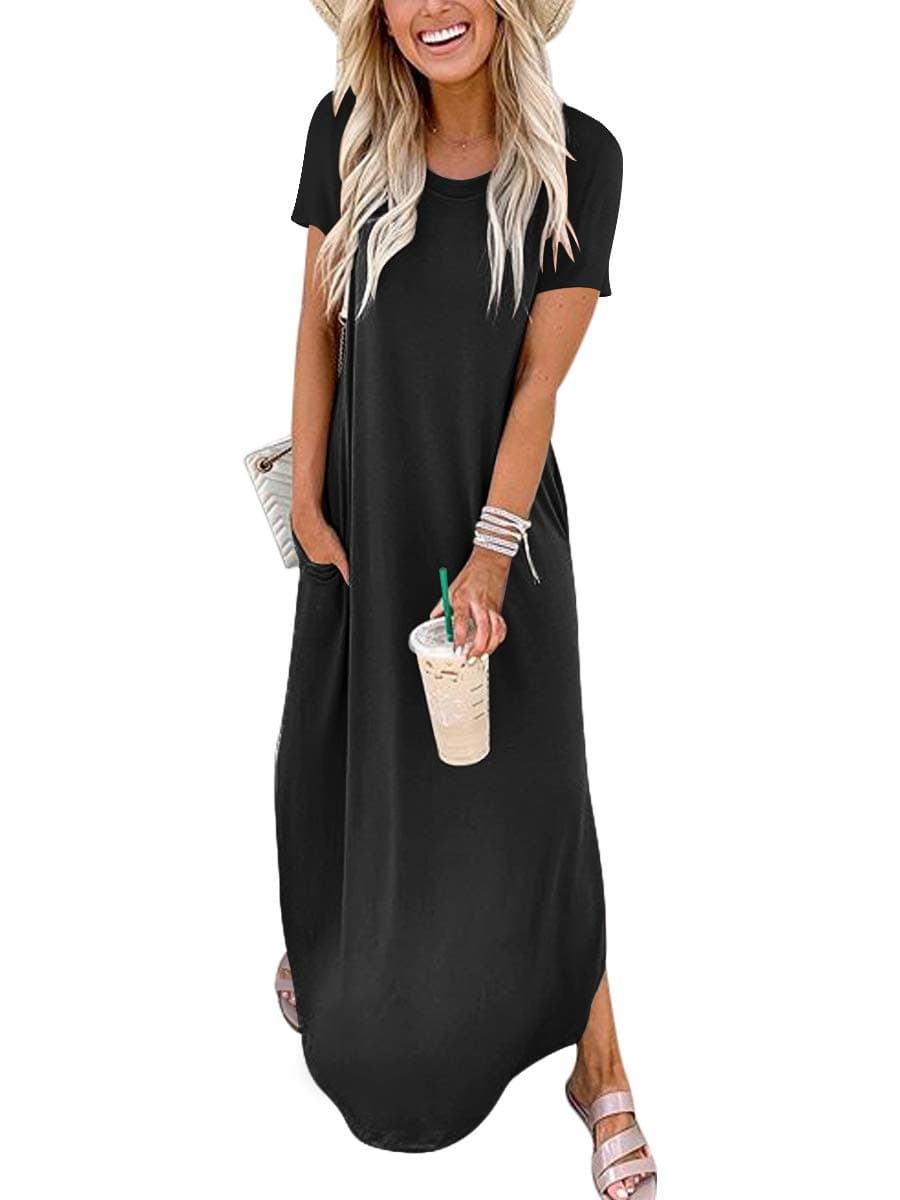 Womens Summer Maxi Dress Short Sleeve Casual Loose Long T Shirt Dresses Split Vacation Beach Sundress Travel Outfits