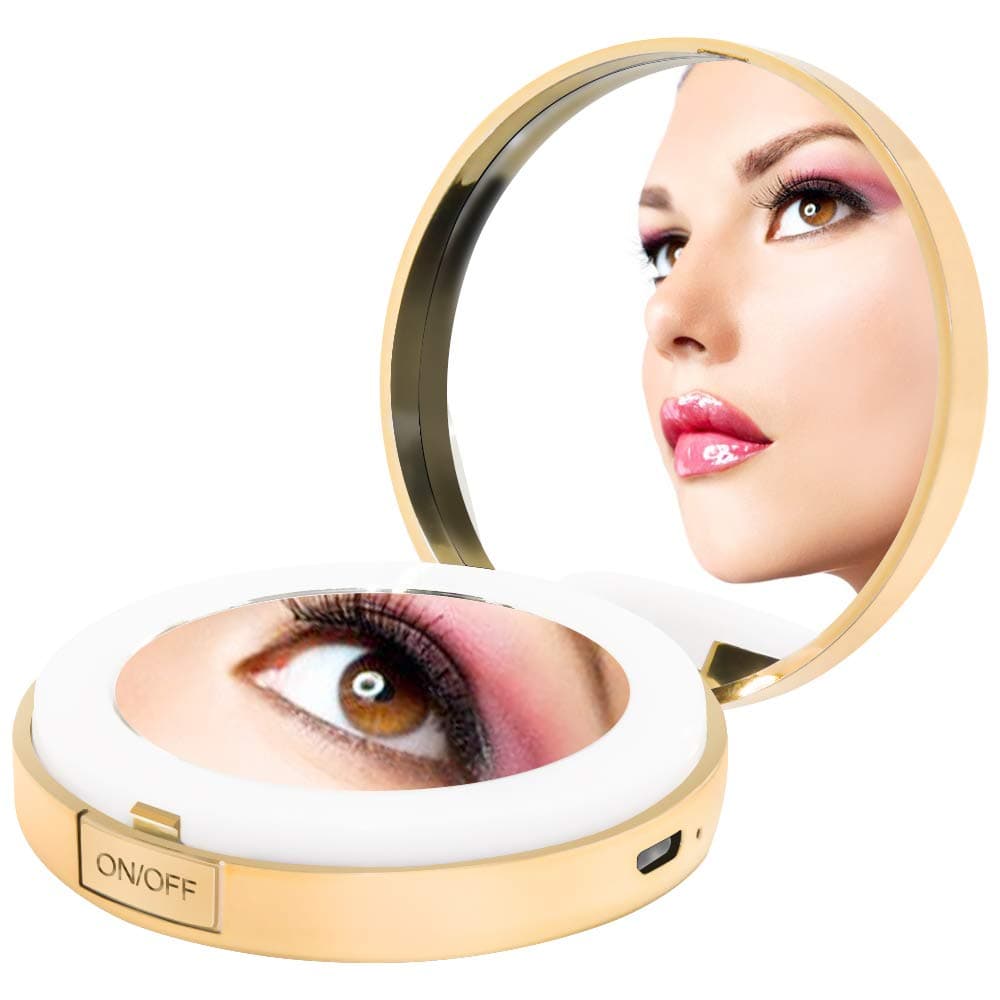 Voila Reve LED Lighted Makeup Mirror, 1X/4X Folding Magnifying Travel Makeup Mirror with Rechargeable Handheld Compact Mirror perfect for Handbag, Pocket, Gold