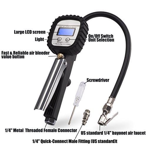 Exwell Universal Tyre Gauge with Air Chuck 0-150psi 3 in 1 Digital Tyre Pressure Gauge Inflator with LCD Display for Checking Car Van Truck Motorcycle Bicycle Tyre Pressures Auto Car Accessories