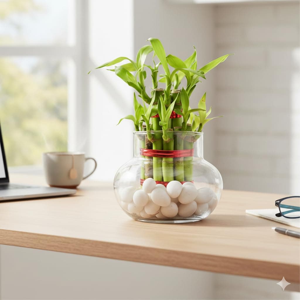 Two Layer Lucky Bamboo Plant in Handi Shape Glass Vase with White Pebbles, Round