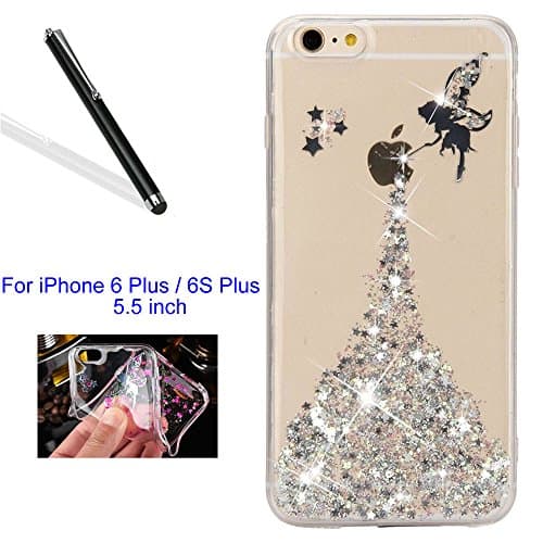 Leecase Luxury Bling Glitter Star Shiny Fairy Girl Pattern Slim Fit Soft Gel Transparent Flexible Tpu Bumper Gel Skin for iPhone 6 Plus/6S Plus 5.5"-Star,Silver