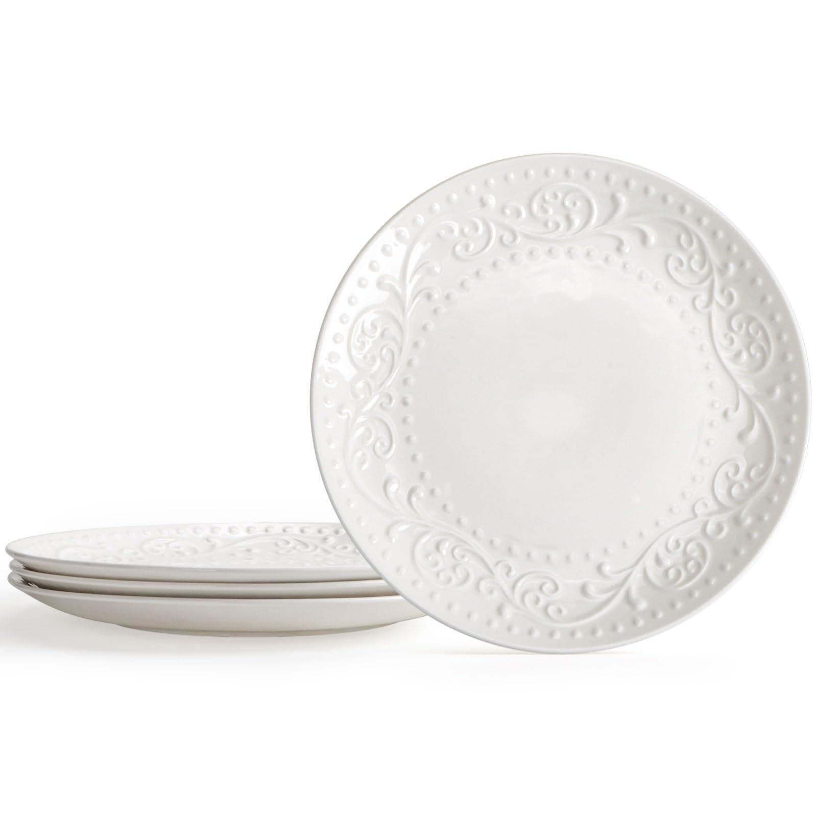 Artena Ceramic Dinner Plates Set of 4, 10.75 inch Embossed White Kitchen Plates for Salad, Dessert, Appetizer, Steak, Serving Dishes for Entertaining, Modern Large Flat Plates for Restaurant, Parties