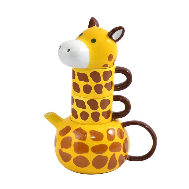 RORA Giraffe Ceramic Tea Pot with 2 Tea Cups Set, Hand-painted Porcelain Teapot Set for Coffee Latte Milk Tea Flower and Fruit Tea (17 oz/500 ml), Yellow, (G01)