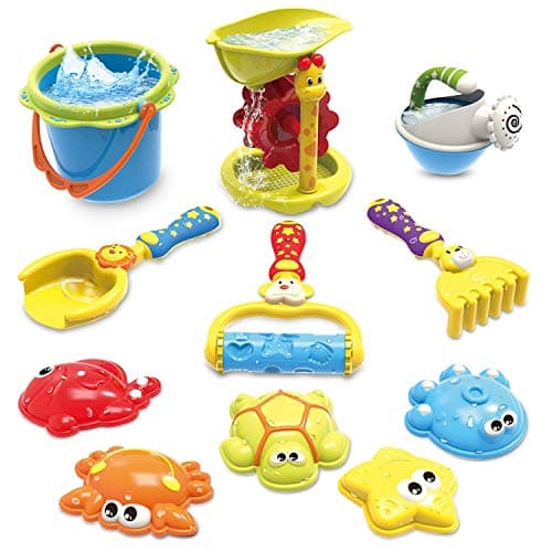 GrowthPic Kids Beach Sand Toy Set with Bucket, Sand Wheel, Watering Can, Shovel, Rake, Rolling Rake and 5 Sea Creatures Molds and Sand Tool Play Set for Babies and Toddlers