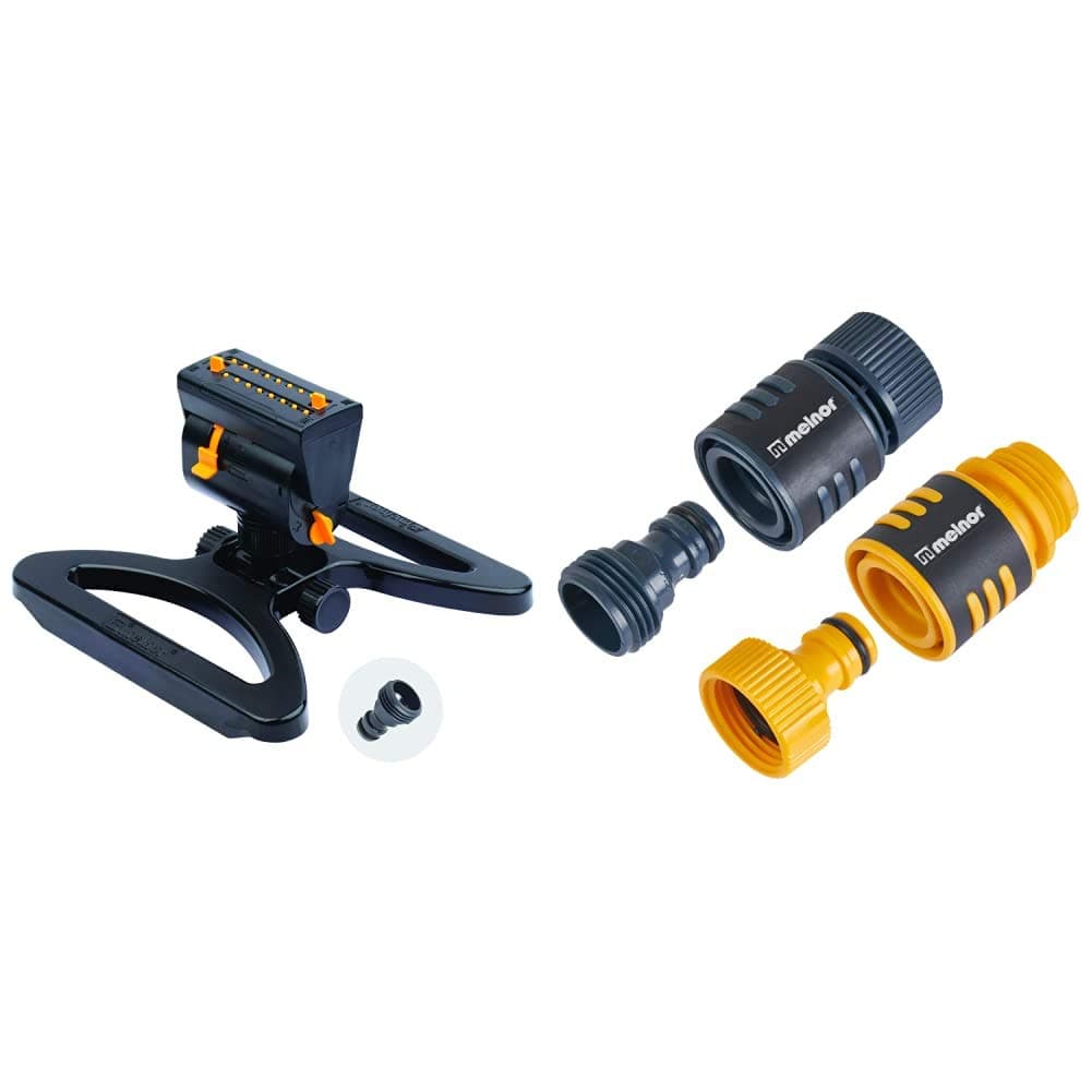 Melnor 65003-AMZ MiniMax Turbo Oscillating Sprinkler with QuickConnect Product Adapter Watering Set, On Base, Black, Yellow & 65027-AMZ QuickConnect 4pc Set, Color-Coded