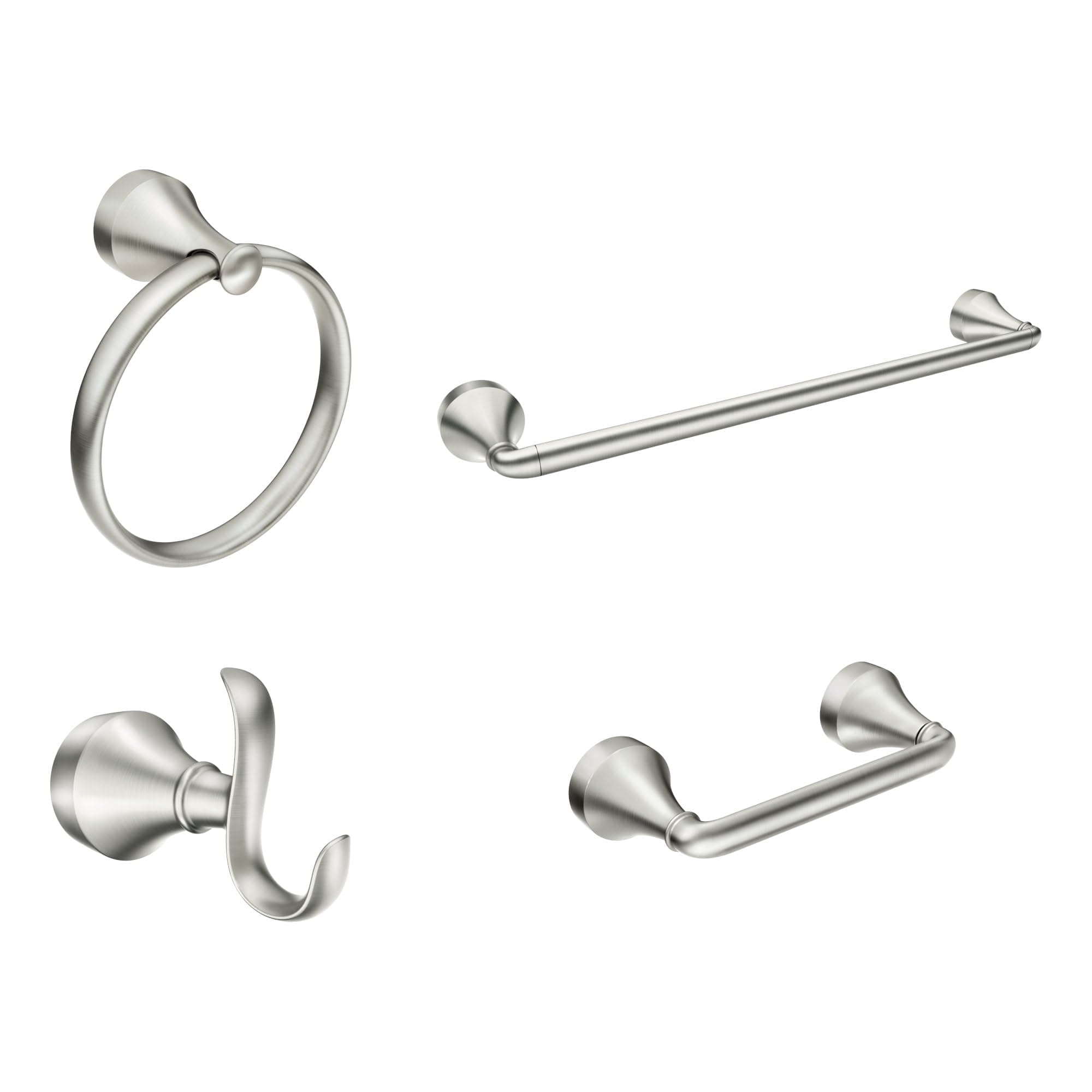 Wellton Brushed Nickel 4-Piece Bathroom Accessory Collection, Includes Towel Ring, Robe Hook, Towel Bar, and Pivoting Toilet Paper Holder, Y1394BN