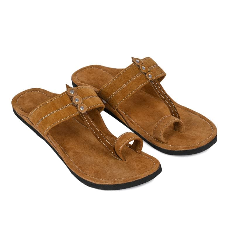 Men Kolhapuri Design Leather Ethnic Mojari Slipper Flip Flop (Brown)
