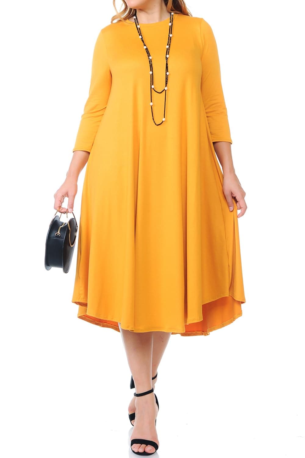Women's Plus Size Swing Dress – 3/4 Sleeve Elegant Flowy A-Line Midi – Soft & Comfortable