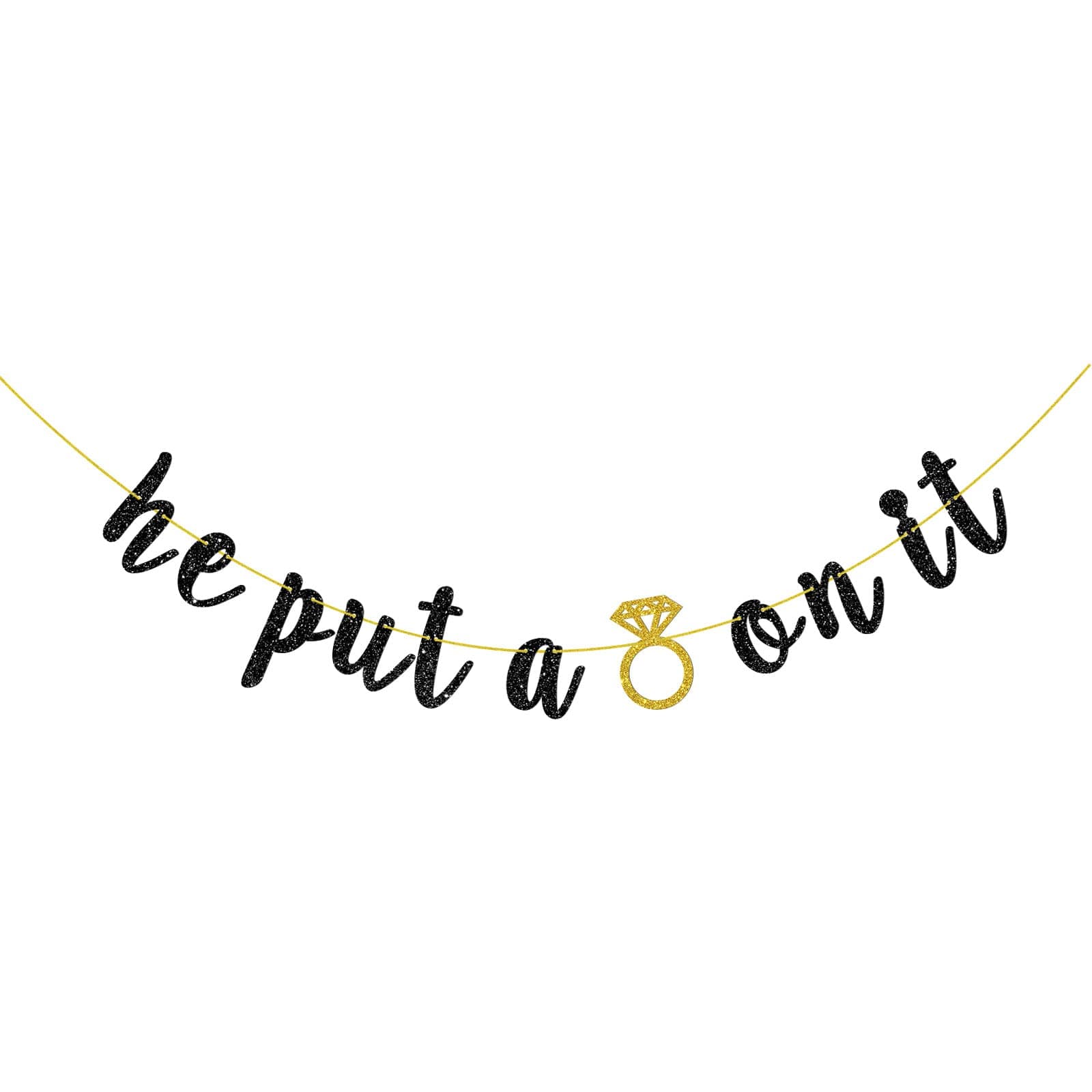 Tenhaisi Black He Put A Ring On It Banner for Wedding - Glitter Bride Shower Party Bunting, We're Married Banner, Engagement Party Decorations
