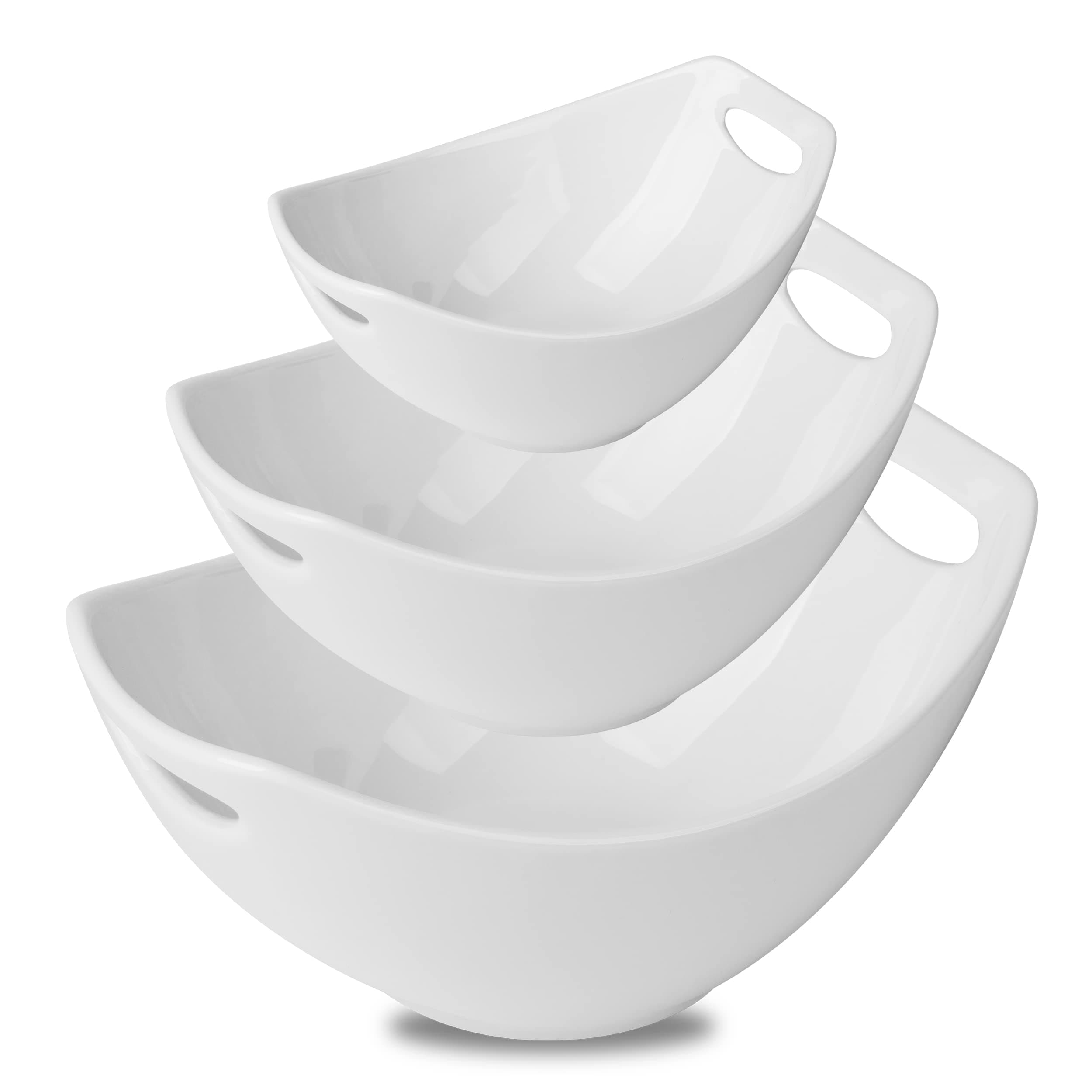 Serving Bowls with Handles, Serving Dishes, Porcelain Salad Bowls Mixing Bowl for Entertaining, Nesting Bowl Set of 3, Microwave Dishwasher Safe, 15/28/47 oz, White