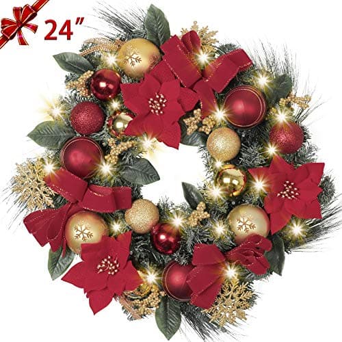 TFWell Christmas Wreath for Front Door, Pre-Lit 24 Inch Red Gold Christmas Door Wreath, Lighted Wreath with Artificial Spruce, Berries, Christmas Ball Ornaments, Battery Operated 20 LED Lights