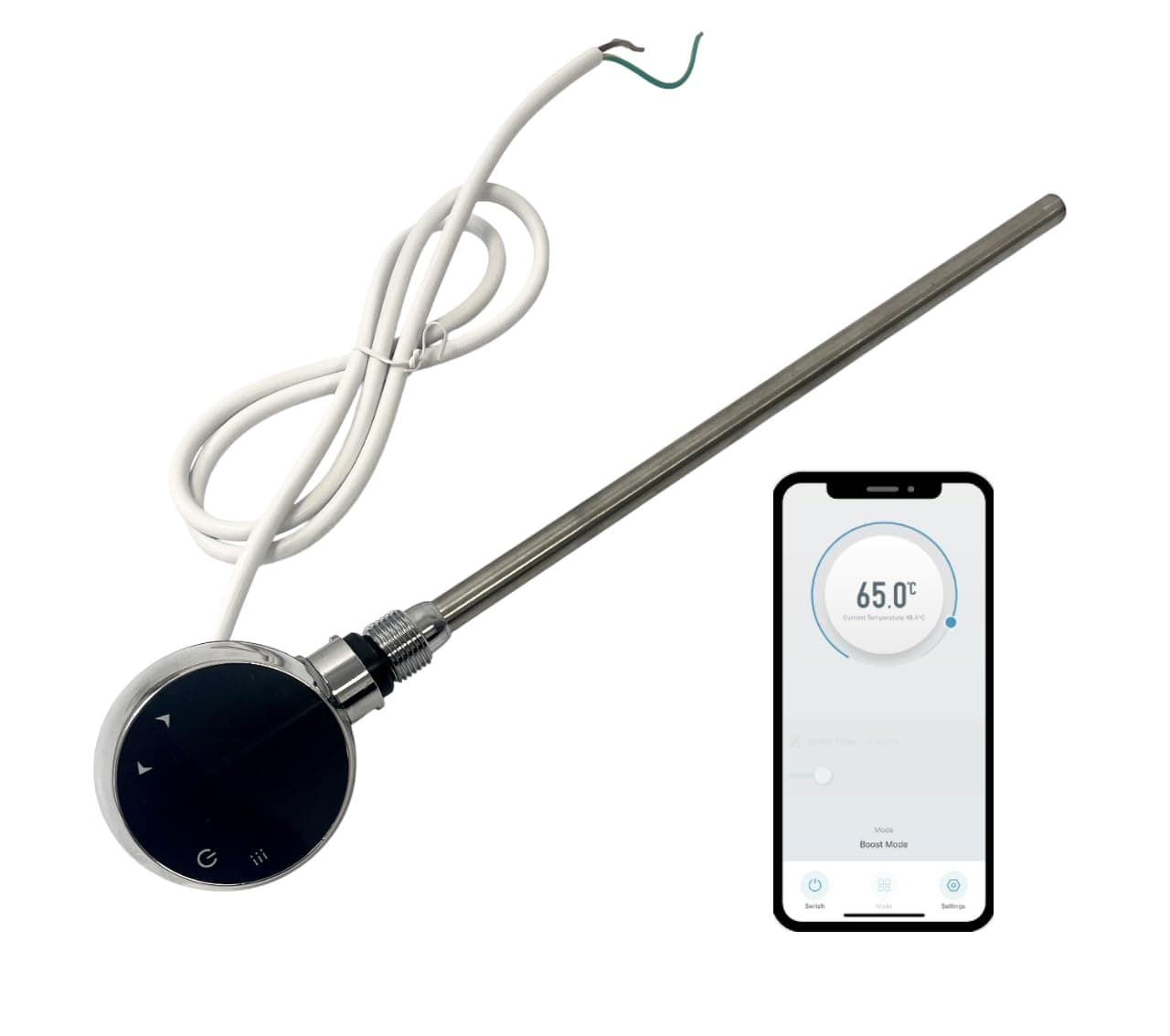 WiFi Electric Smart Heating Element for Towel Rails and Radiators with LED touchscreen Thermostat/Timer Energy Efficient (300w, Chrome)