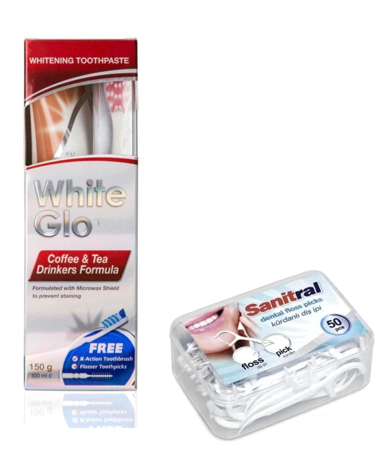 Premium Coffee & Tea Drinkers Formula Intense Extra Whitening Toothpaste & Toothbrush-100 ml ((with Sanitral 50 Pcs Dental Floss Stick Included as a Gift)