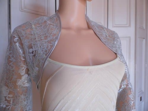 Silver lace three-quarter length sleeved bolero/shrug/jacket with satin edging Size 10