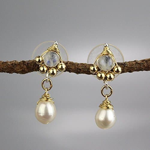 Unique Bridal Wedding Earrings in Gold Filled Set with Moonstone and Pearl Gemstones, June Birthstone Earrings