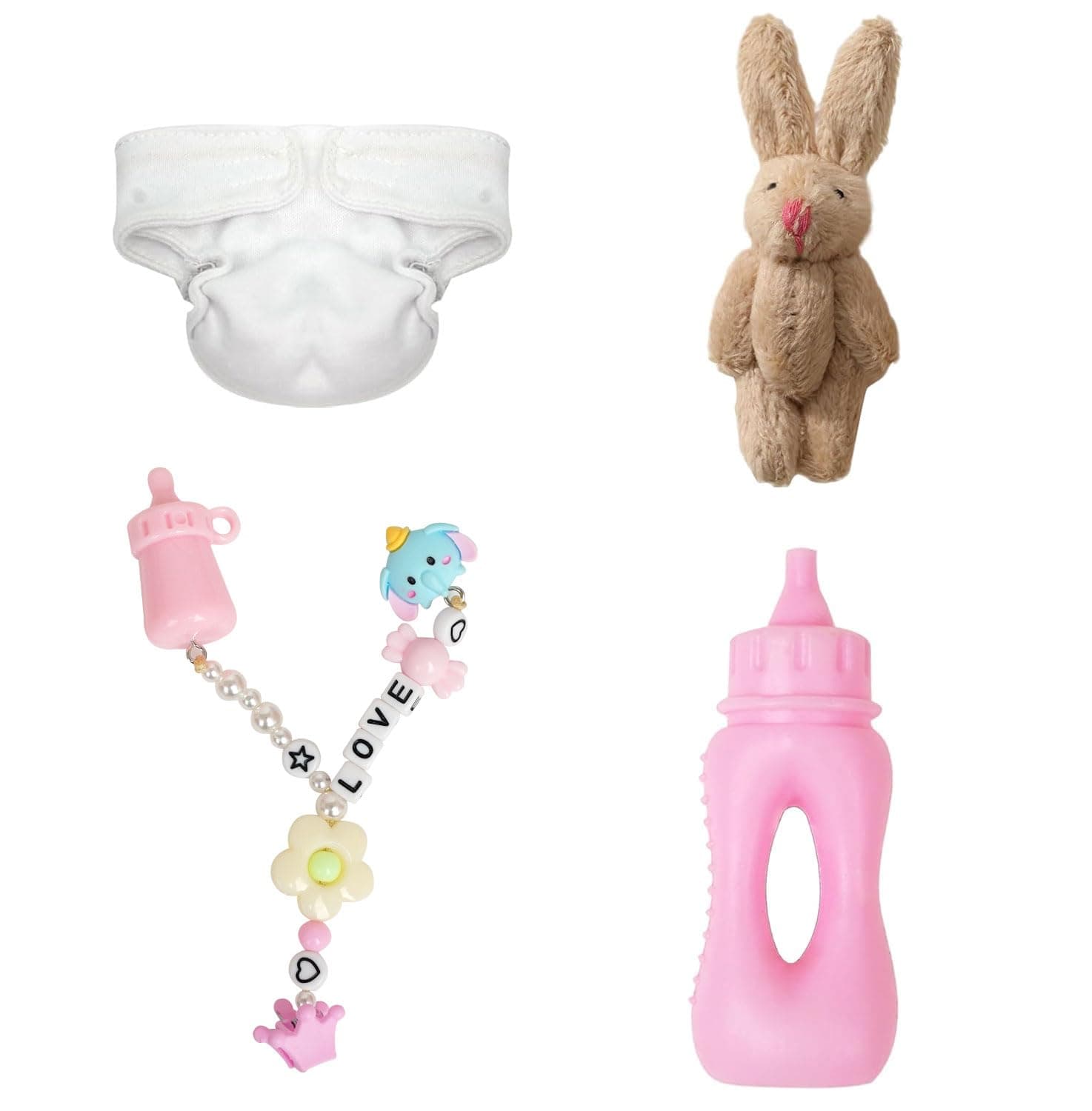 Newtotlove 7 Inch Mini Baby Doll Pacifier Clips Accessories Set Miniature Reborn Doll Accessories Feeding Toy for Kids Gift Pink with Mini Diaper Bunny Dolls Bottle (4 pcs)