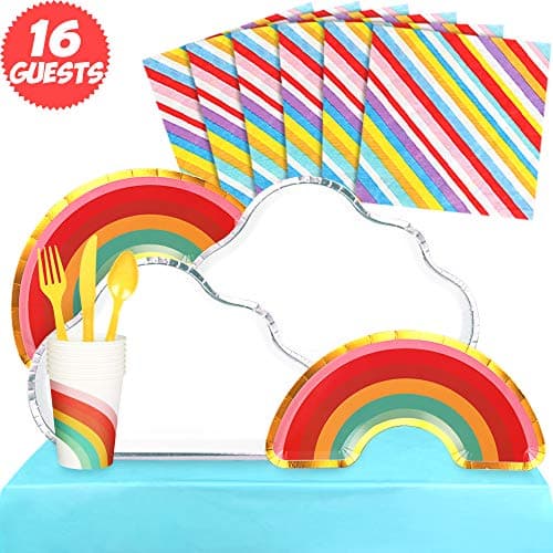 Partybus Party Supplies Set - Serves 16, 118 Ct, Rainbow Cloud Theme Party Disposable Tableware Kit for Boys Girls Kids Birthday Decorations, Includes Dinner Plates, Dessert Plates, Napkins, Cups, Table Cloth, Silverware