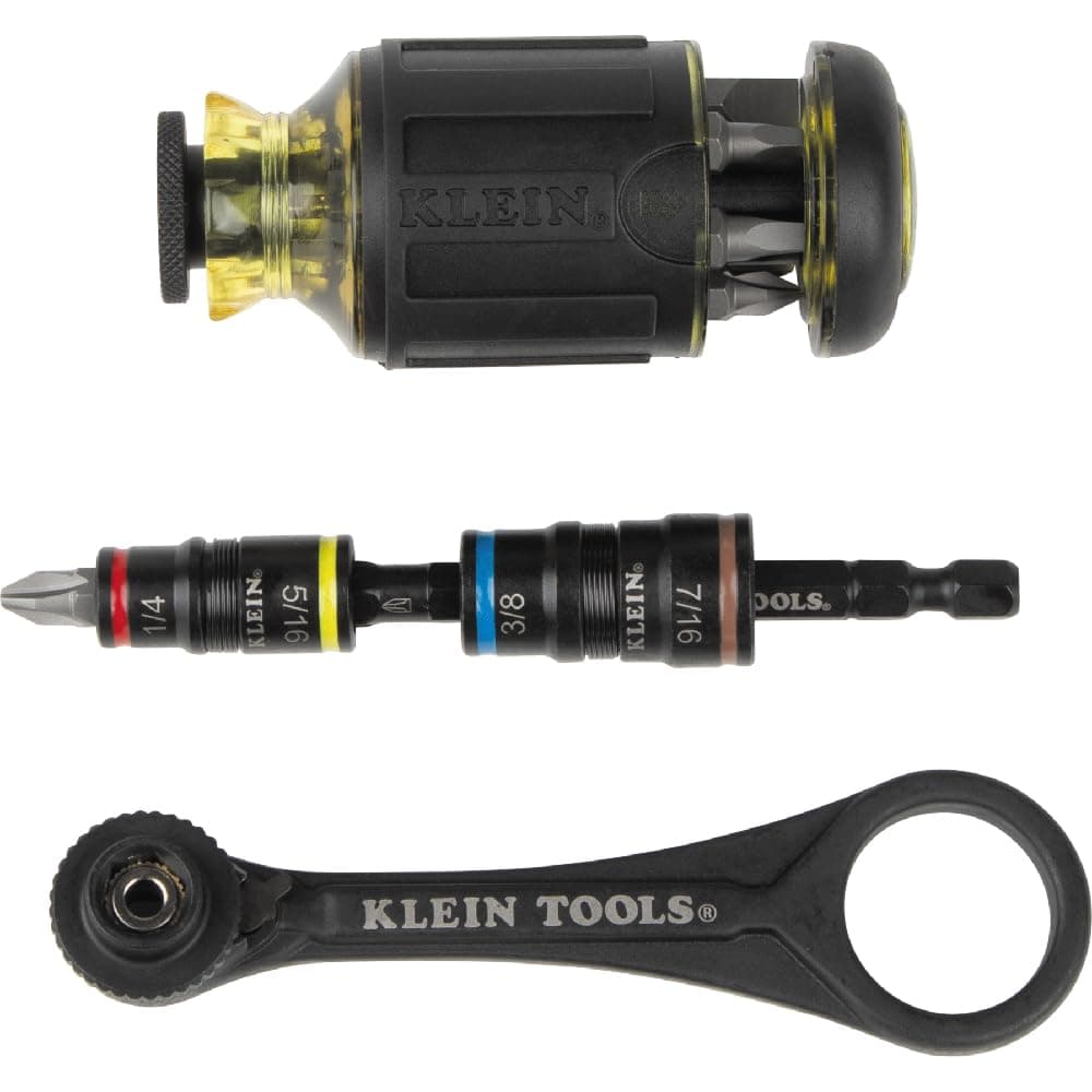KLEIN TOOLS 85515HD 3-Piece Tool Set, Mini-Ratchet, 12-in-1 Impact Stubby Multi-Bit Driver and 5-in-1 Flip Socket, Tools for Tight Spaces