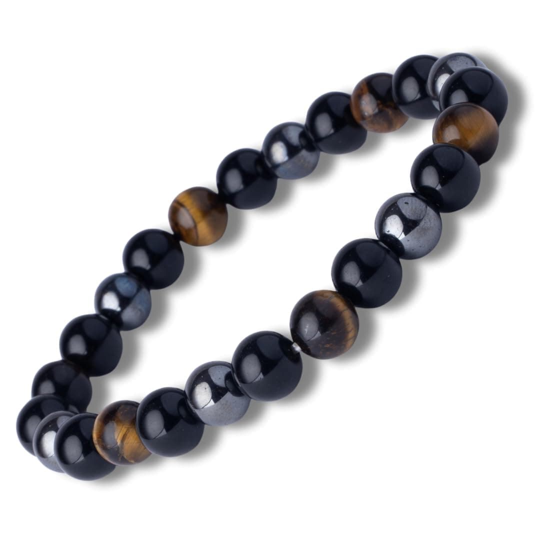 Tiger Eye, Hematite & Black Obsidian Bracelet for Men & Women | 8mm Natural Reiki Crystal Beads | Evil Eye Protection, Wealth & Confidence Bracelet | Unisex Stretchable | Certificate of Authenticity