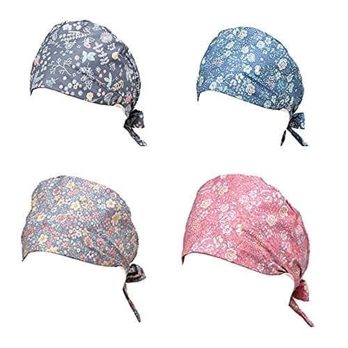 4 Pcs Unisex Multicolored Nurse Scrub Cap Surgical Medical Print Caps Sweat Absorbing Surgery Hat