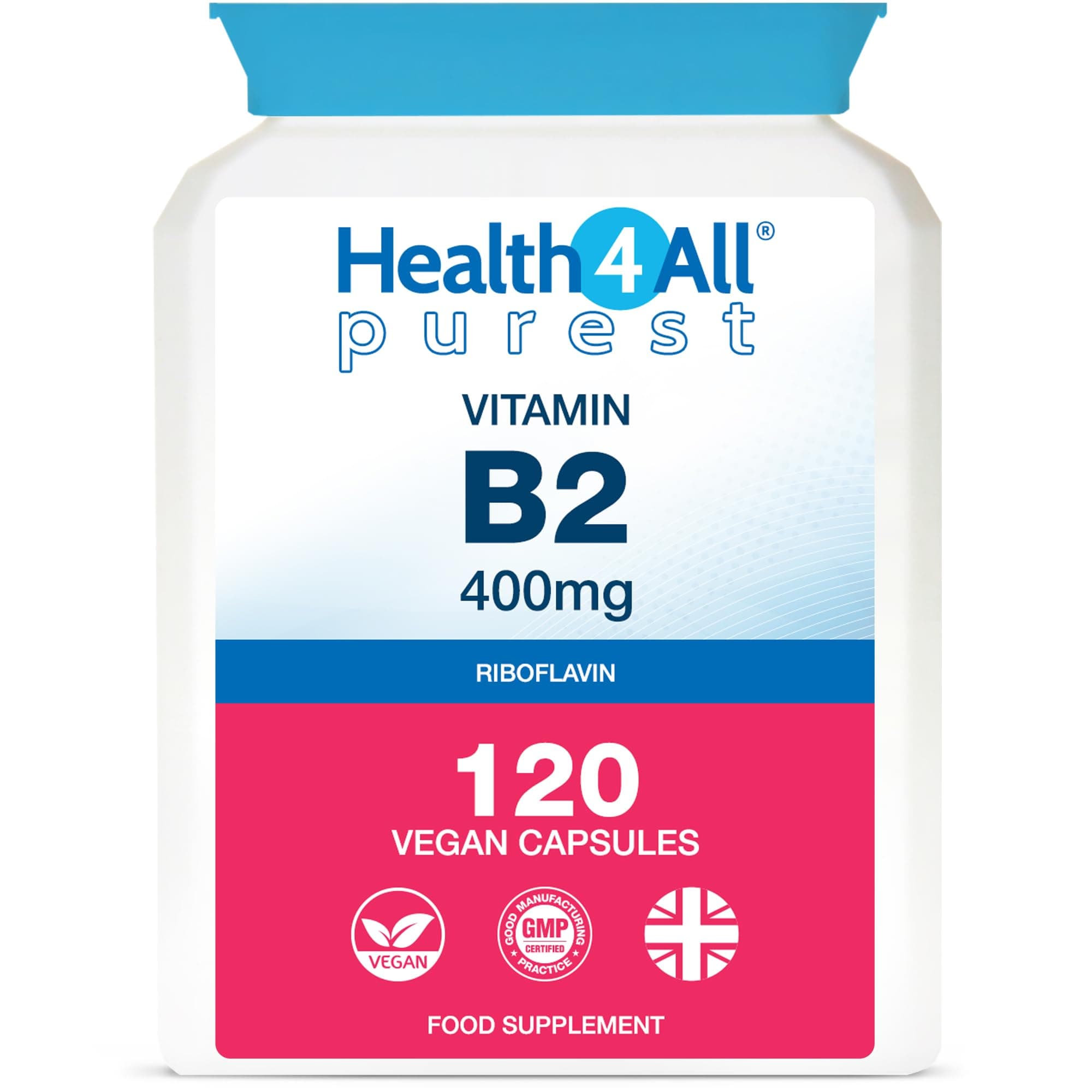 – Health4All Vitamin B2 Riboflavin 400mg Migraine Support 120 Capsules 4 Months Supply, High Strength VIT B2 400mg Riboflavin Supplement, No Additives, Non-GMO, Gluten Free | Made in UK