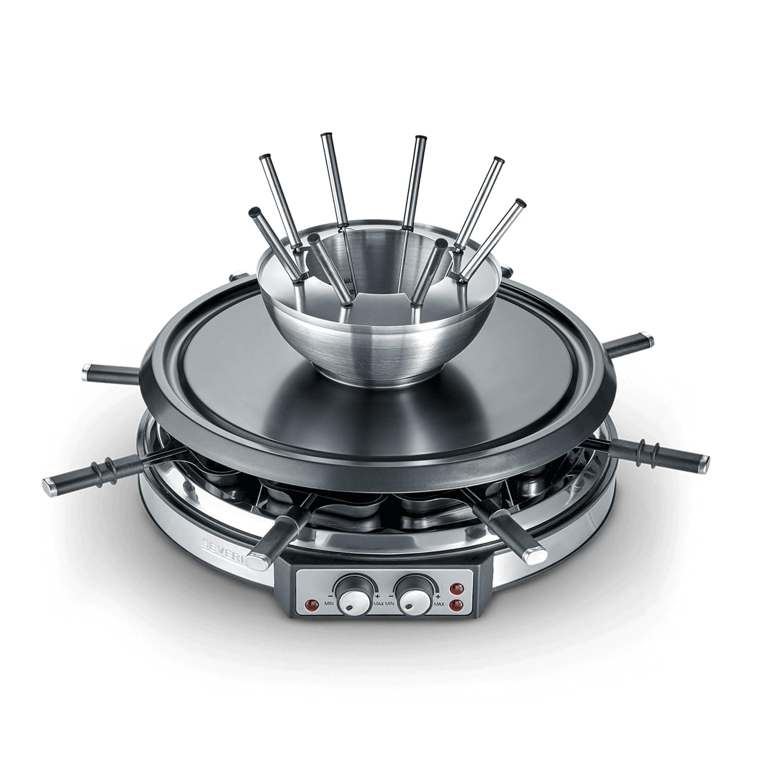 SeverinRaclette-Partygrill & Fondue INOX Combination-with Natural Grill Stone and with 1900 W of Power RG 2348, Plastic Stainless Steel, Black