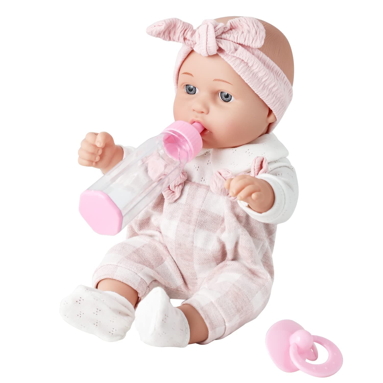 Enjoyin 12'' Soft Baby Doll in Gift Box with Pink Cloths, Pacifier, 13''x13'' Soft Microfabric Blanket, and Feeding Bottle