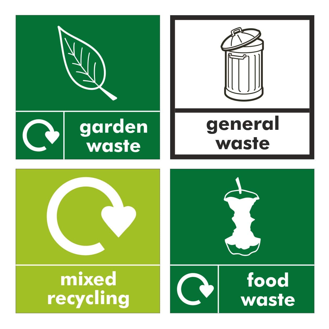 Complete set of 4 WRAP Recycling stickers for your bins - 4x 120mm x 120mm Self Adhesive Stickers