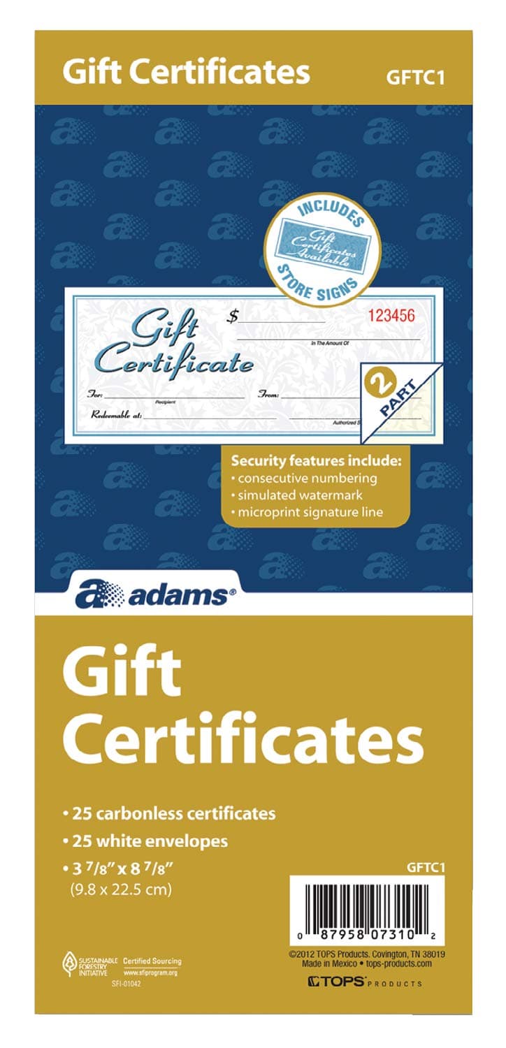Adams Gift Certificate Book, Carbonless, Single Paper, 3.4 x 8 Inches, White, 2-Part, 25 Numbered Certificates Plus Store Sign (GFTC1)