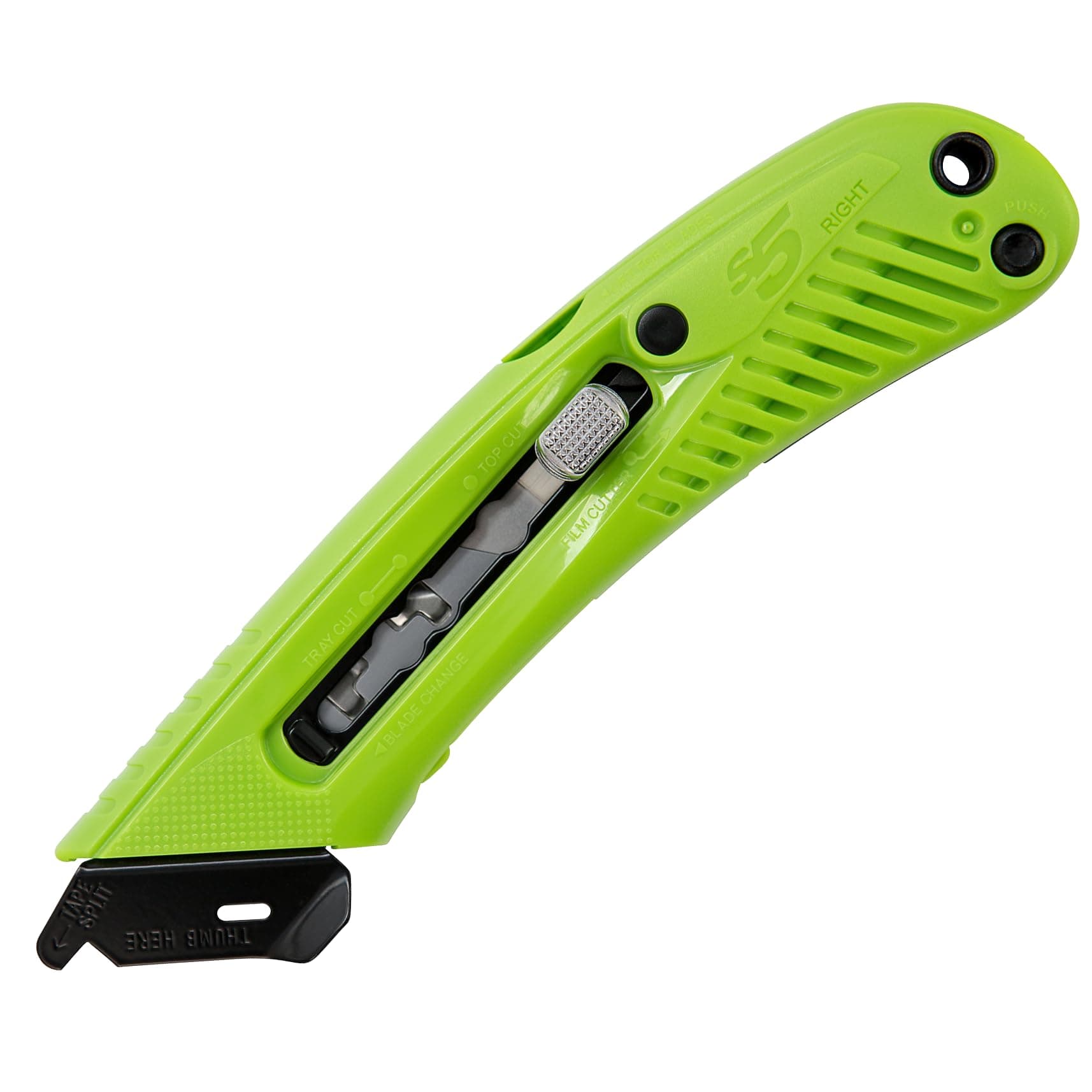 Pacific Handy Cutter S5R Box Cutter | Heavy Duty Utility Knife, Tape Splitter, & Film Cutter | 3-Position Retractable Box Cutter with Easy Blade Change | For Right Handed Users