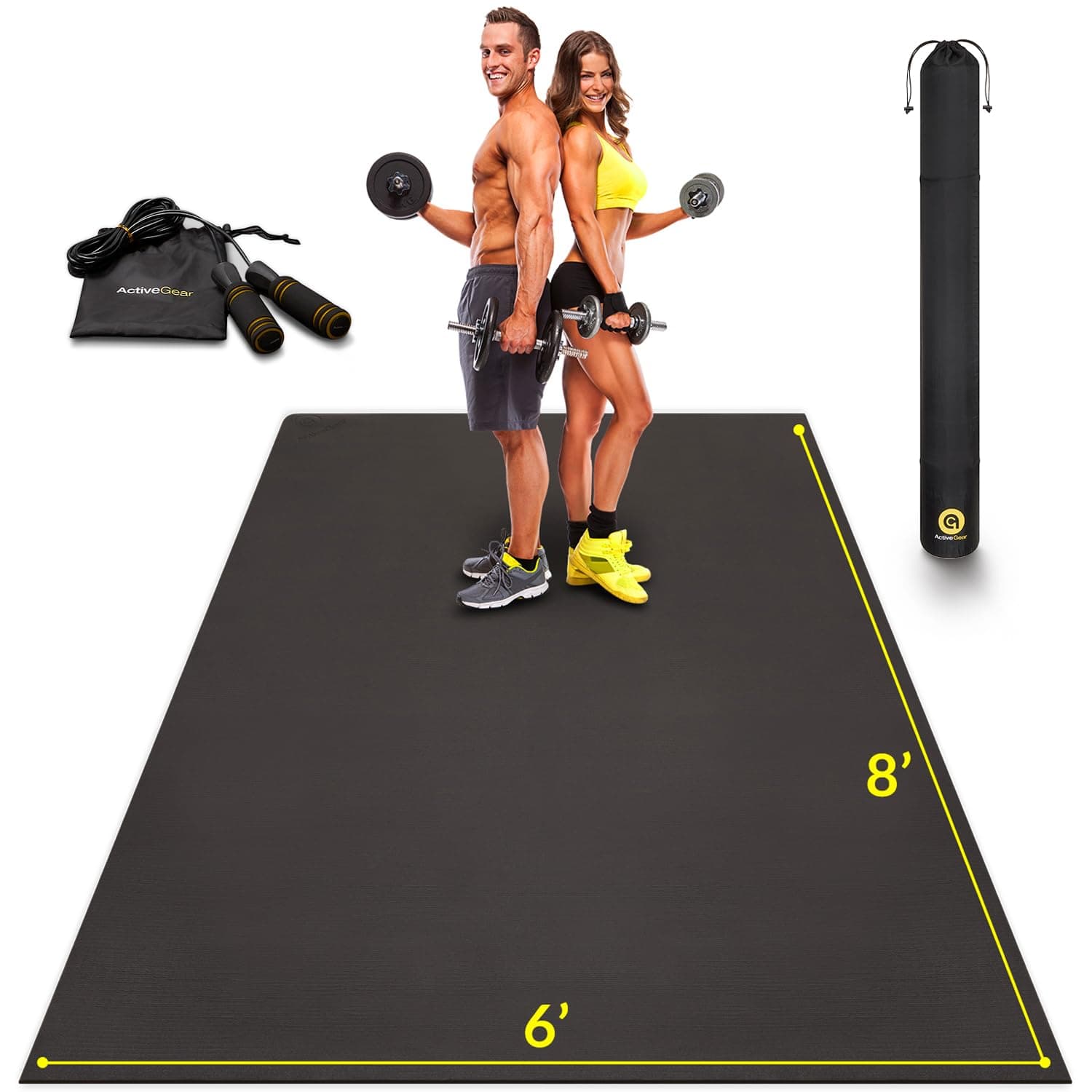ActiveGear Large Exercise Mat 8 x 6 ft 7mm Thick Premium Ultra-Durable Non-Slip Rubber Workout Mat for Home Gym Flooring | Ideal for Cardio, Fitness, Plyo | Bonus Jump Rope and Storage Bag Included