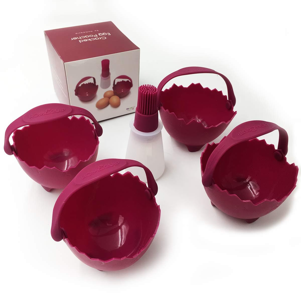 Cracked Egg Poacher Set by HomeQuip | Eat Healthy Eggs for Breakfast | Made with Food Grade Silicone with Safety Handle Includes Free Oil Brush (Box of 4 Poacher)