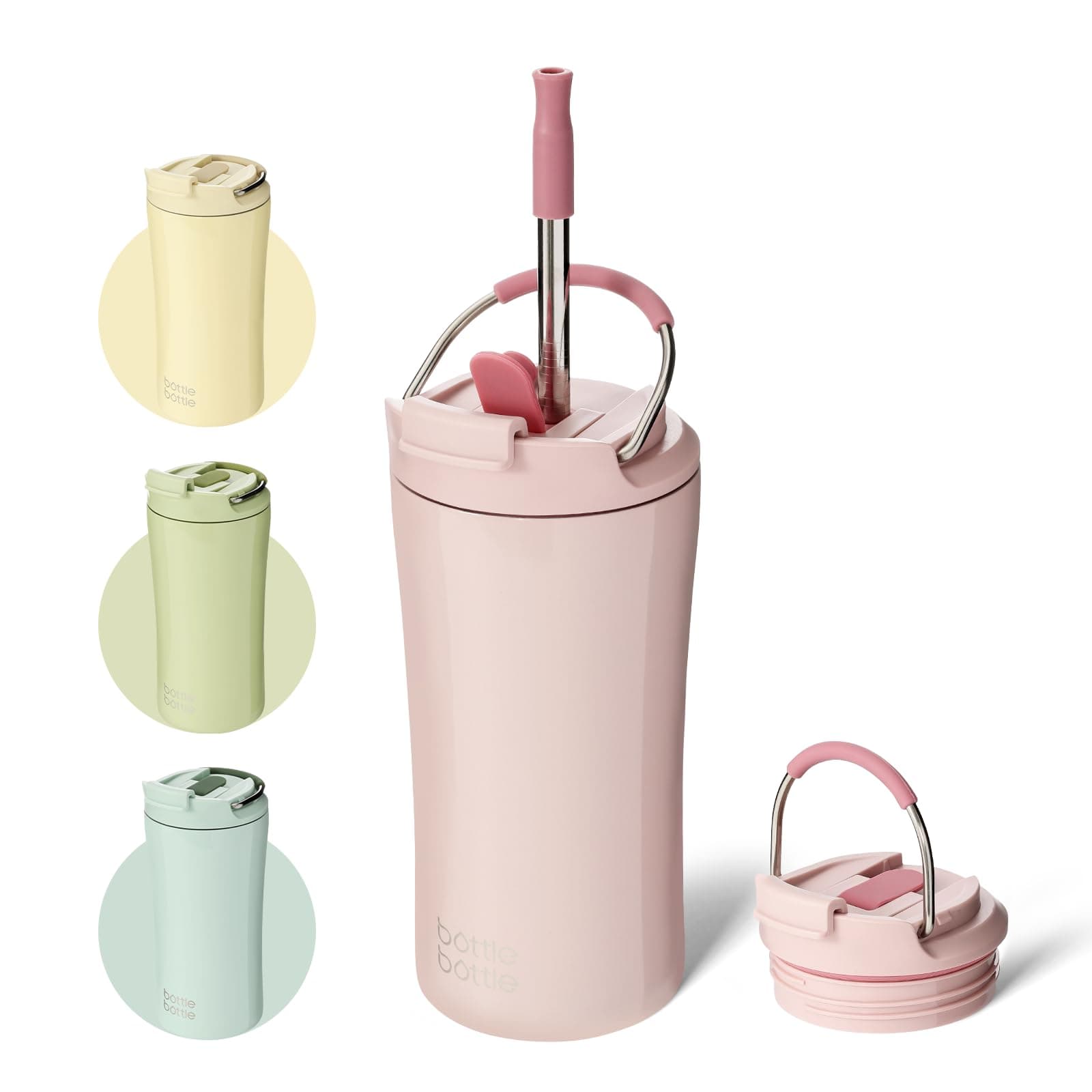 BOTTLE BOTTLE Insulated Travel Mug with Straw and Dual-use Lid Thermal Metal Coffee Cup 350ML(12oz) Stainless Steel Coffee Flask Tumbler with Handle Kids Water Bottles(Pink)