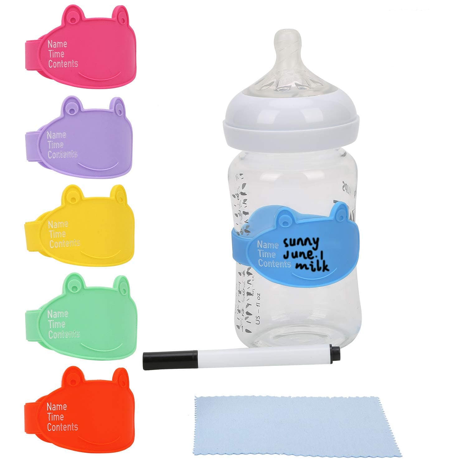 Baby Bottle Labels for Daycare, Durable Writable Reusable Food -Grade Silicone 6 Pack Baby Bottle Labels with Dry Erase Marker Foretoo