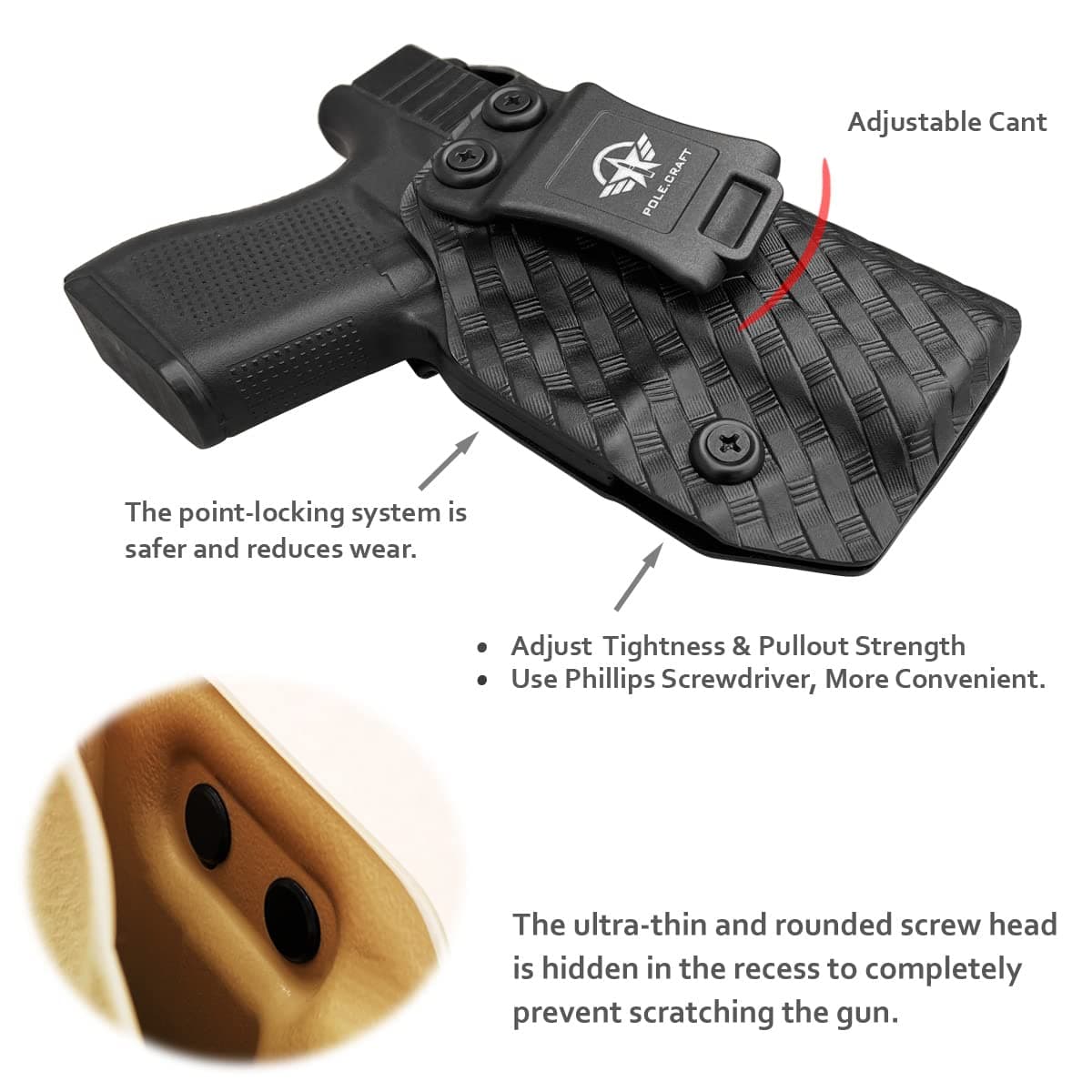 POLE.CRAFT IWB Kydex Holster Custom Fits: Glock 43 / Glock 43X - Inside Waistband Carry Holster - Adj. Cant Retention - Cover Mag-Button - No Wear - No Jitter