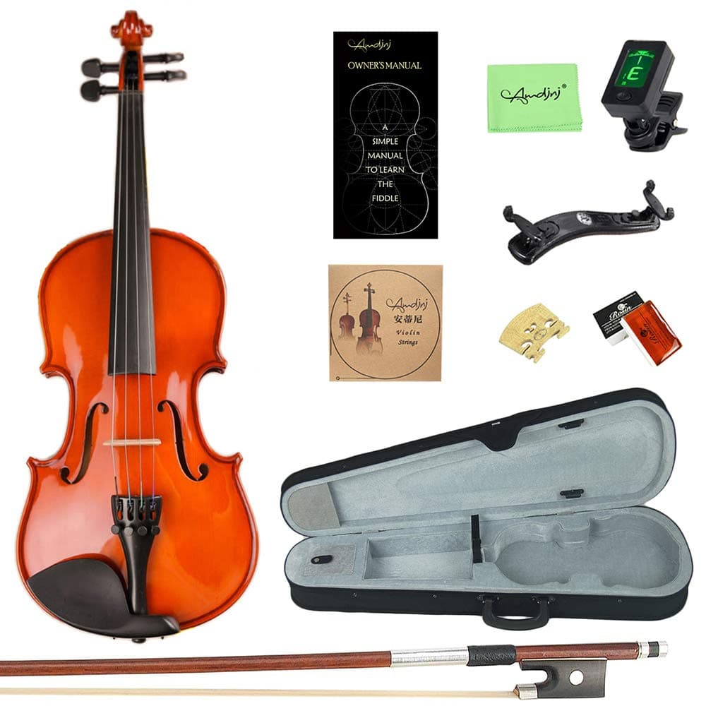 Amdini 4/4 ML0011A Solid Wood Varnish Violin with Hard Case, Shoulder Rest, Bow, Rosin and Extra Strings (Full Size)