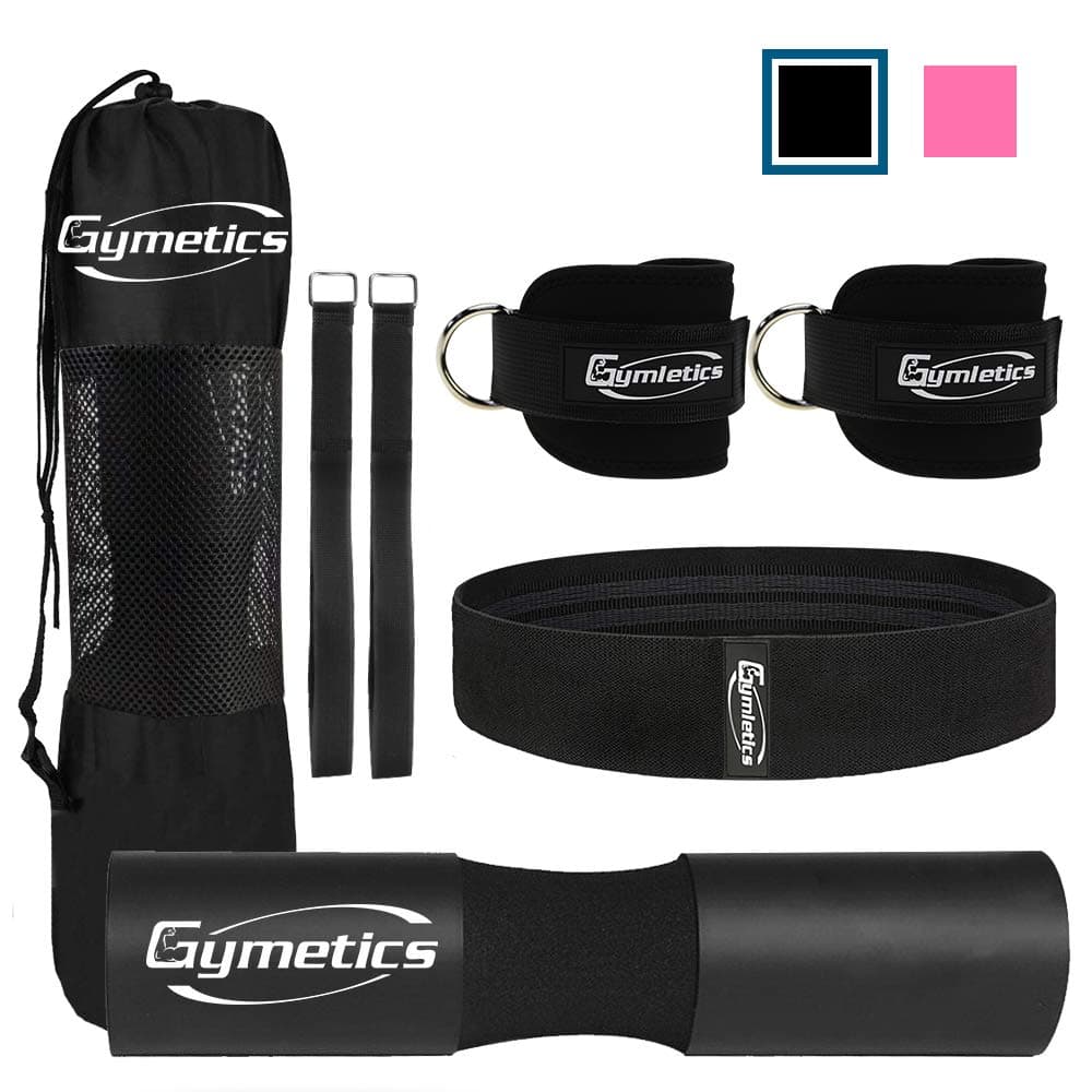 Gymletics7 Pack Barbell Squat Pad for Standard Set, Barbell Pad for Hip Thrusts, 2 Gym Ankle Straps, Hip Exercise Band, 2 Squat Pad Safety Straps and Carry Bag …