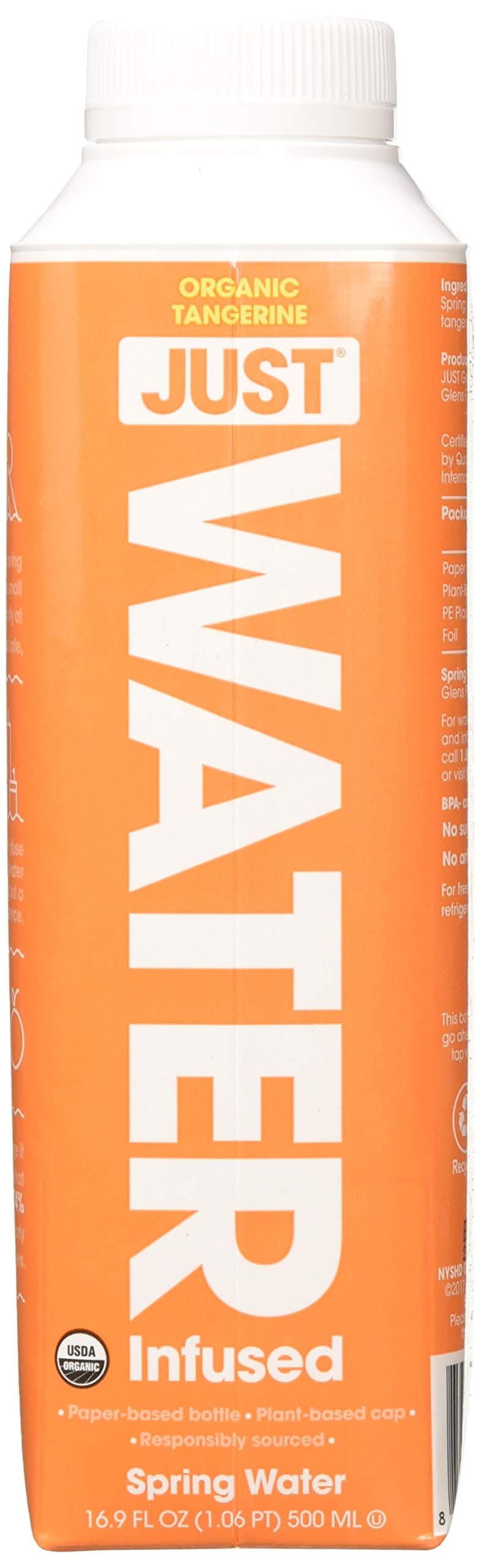 JUST Water Infused - Organic Fruit Flavored Spring Water - Eco-Friendly Boxed Bottled Water - Zero Sugar, Artificial Flavors, or Sweeteners, 8.0 Alkaline pH - Tangerine, 16.9 fl oz (Pack of 12)