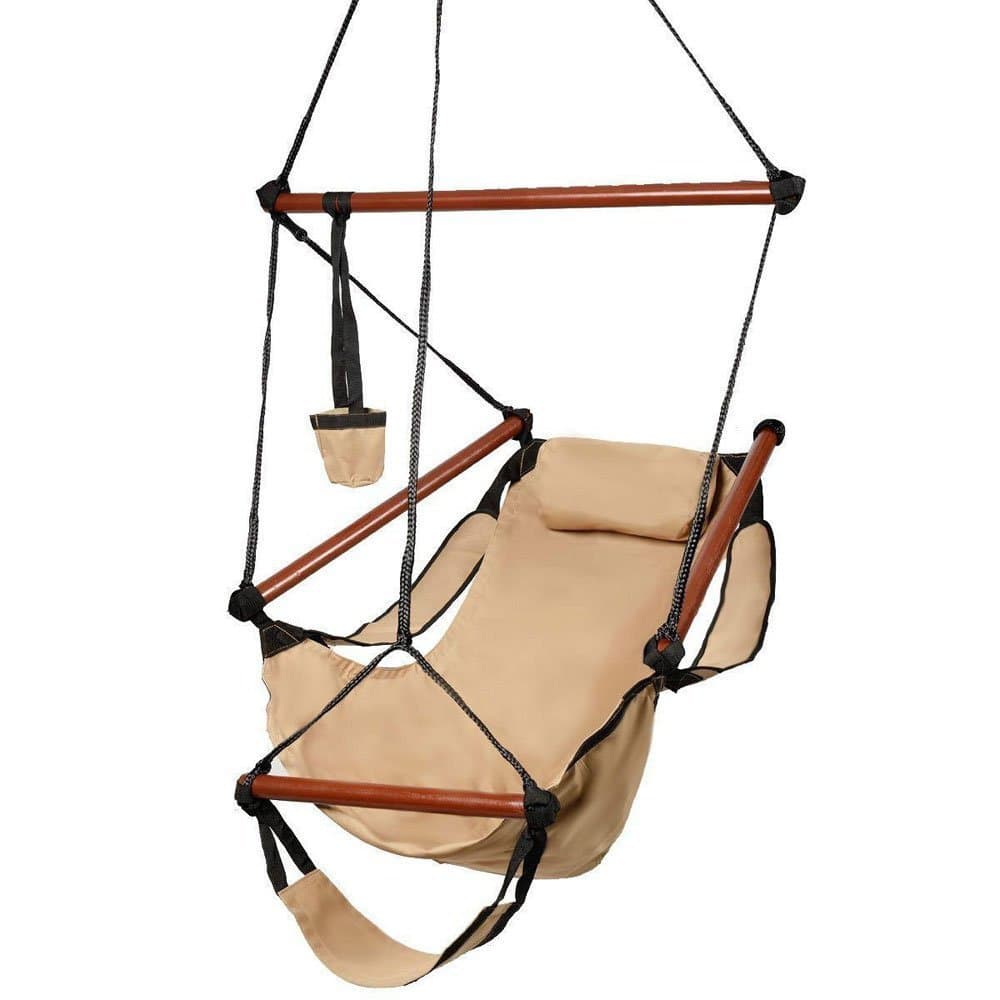 Onecloud Sky Chair, Deluxe Hanging Hammock Air Chair Swing Seat with Pillow, Drink Holder, Solid Wood Weather Resistant for Indoor/Outdoor Yard Garden Tree Patio Porch, 250 LBS (Tan)