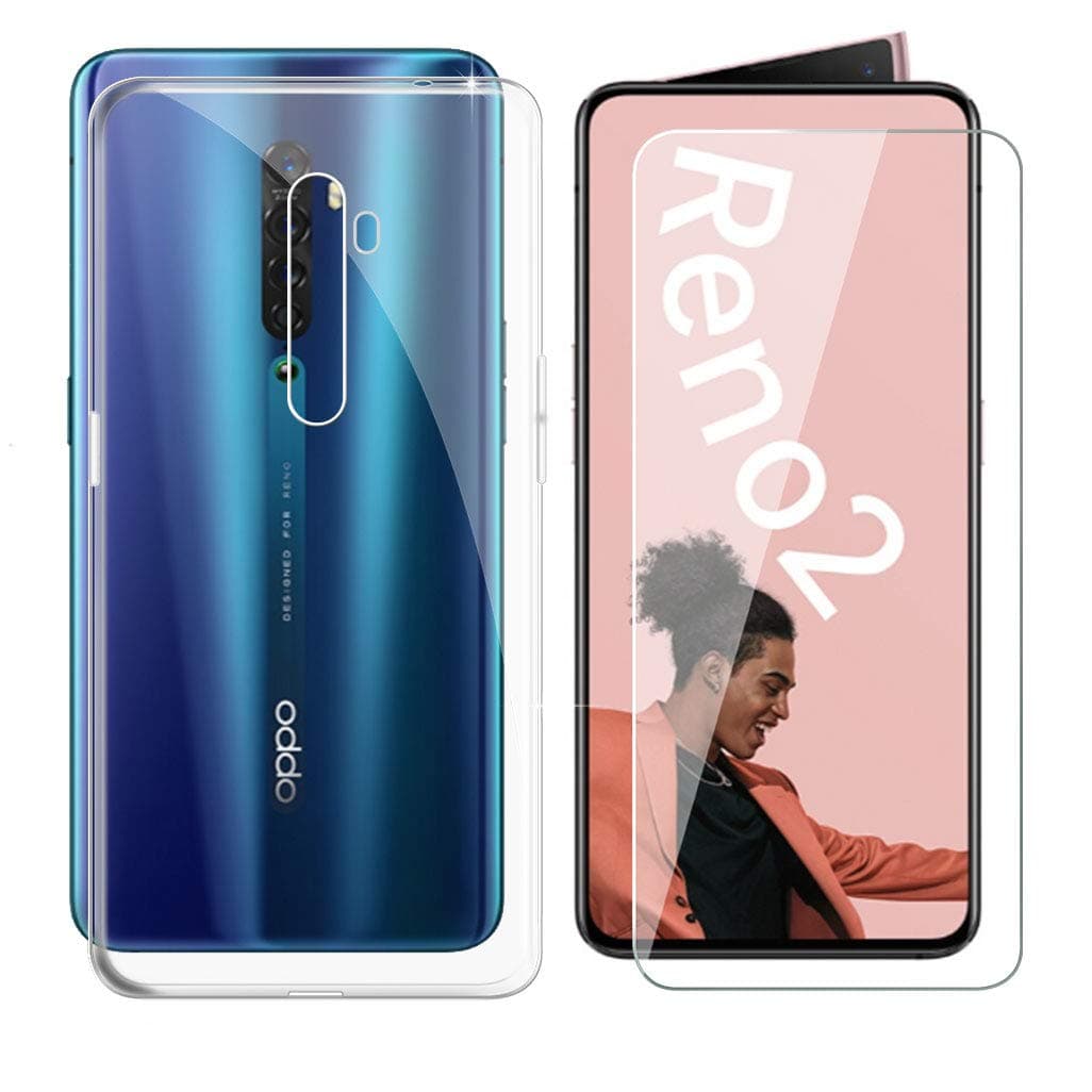 Oppo Reno 2F Case + Tempered Glass Screen Protector - HHUAN Flexible Soft Transparent TPU Clear Shell Silicone Gel Protective Case Bumper Cover for Oppo Reno 2F (6.53")