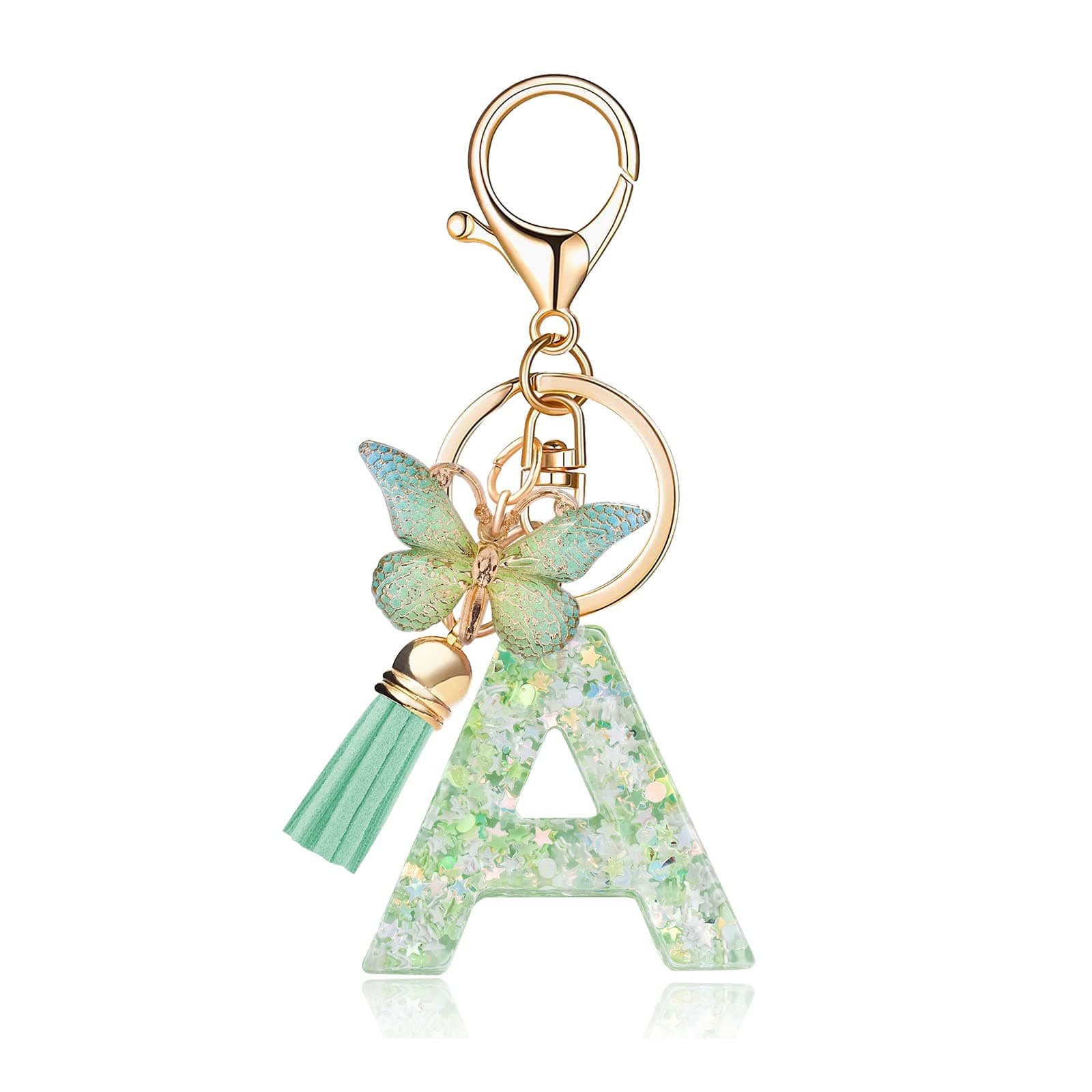 Fashion Alphabet Initial Letter Keychain Tassel Butterfly Pendant Key Ring for Purse Handbags Women Girl