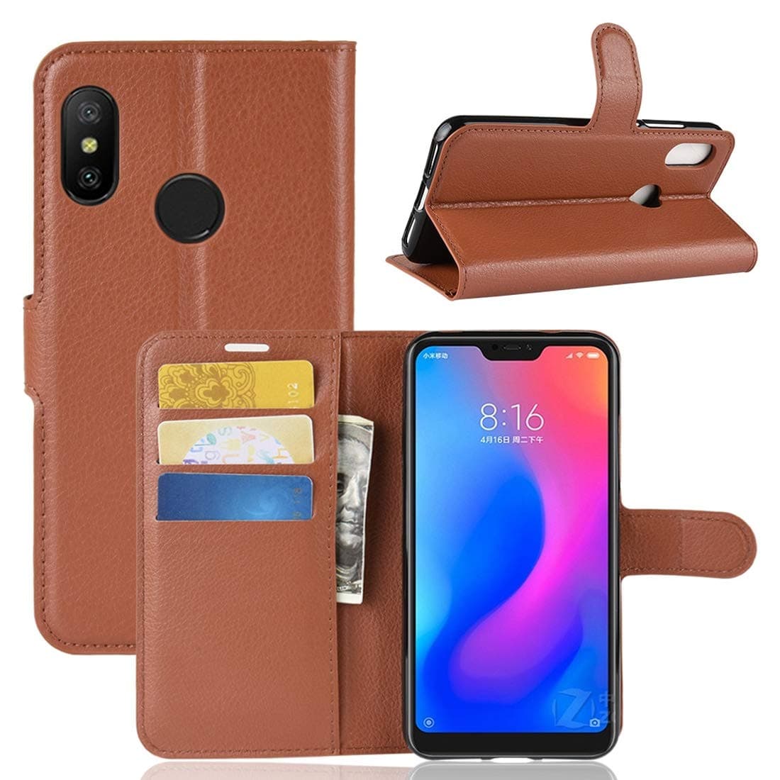 MXM JH Litchi Texture Horizontal Flip Leather Case for Xiaomi Redmi 6 Pro/Mi A2 Lite, with Wallet & Holder & Card Slots(Black) (Color : Brown)