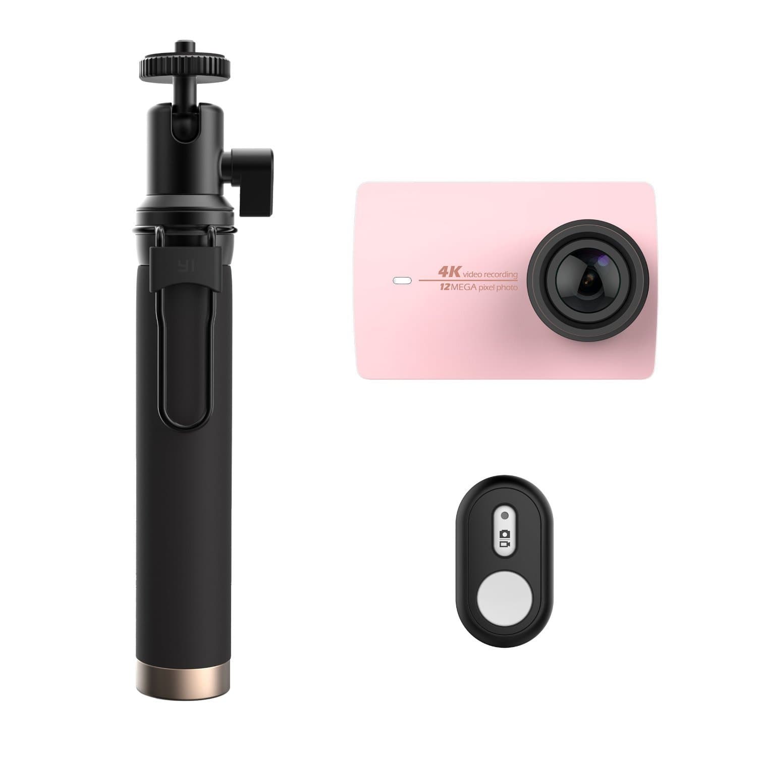 YI 4K Action Camera, 12MP, 4K, Sony IMX337 Sensor - Rose Gold (International Version) + YI Selfie Stick + YI Bluetooth Remote Bundle Kit