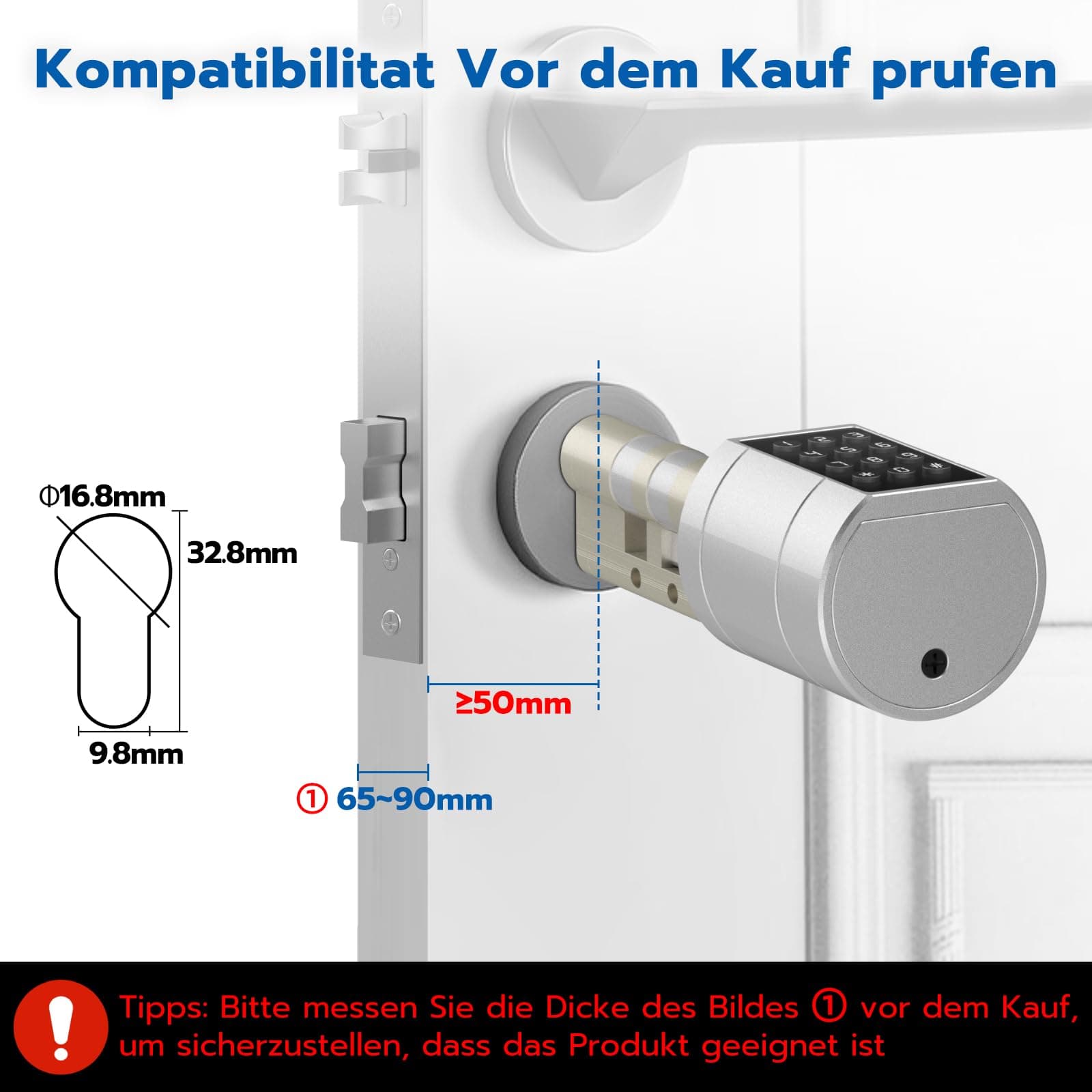 Fingerprint Lock Front Door, Smart Electronic Door Lock with Number Code RFID Key App, Front Door Lock with Fingerprint Adjustable Length for 65-90 mm Door (60 mm)