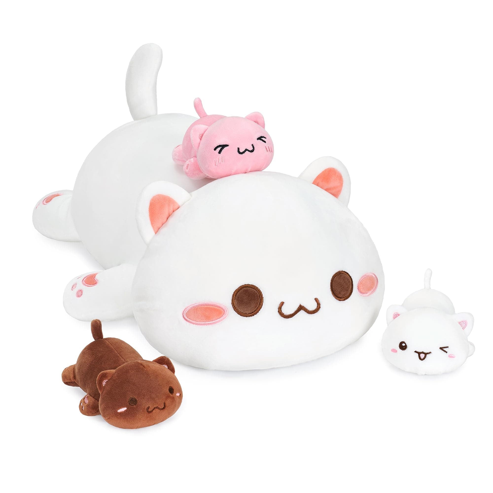 Onsoyours Cat Stuffed Animal Mommy 19.7" with 3 Kitty Plushies, 4 Piece of Cute Cat Plush Pillow Toys for Kids Girls Boys (White Cat Family)