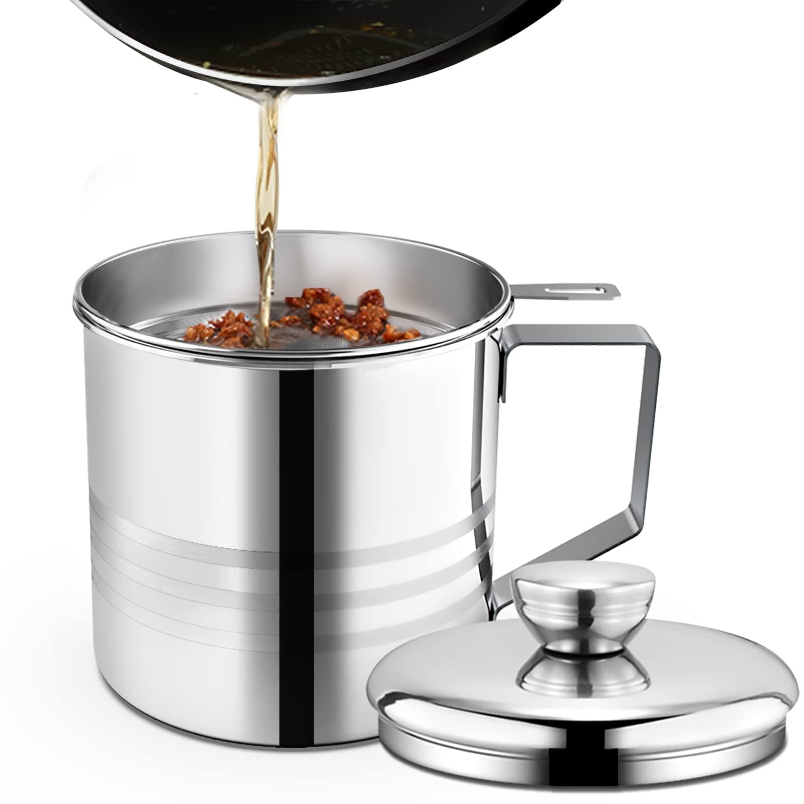 Chihee Grease Container Stainless Steel Bacon Grease Saver with Fine Mesh Strainer 1.2L / 40 fl oz Oil Container Grease Can with Dust-proof Lid Non-slip Tray for Kitchen Storing Frying Cooking Grease