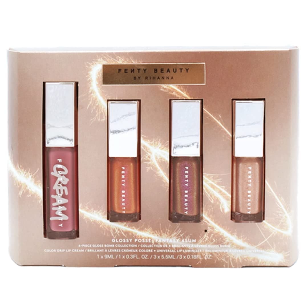 Fenty Skin Fenty Glossy Posse Fantasy 4Sum Gloss Bomb Set - Candy Milk, Fenty Glow Fantasy, Hot Chocolate Fantasy, Champ Stamp Fantasy 4 Piece Set