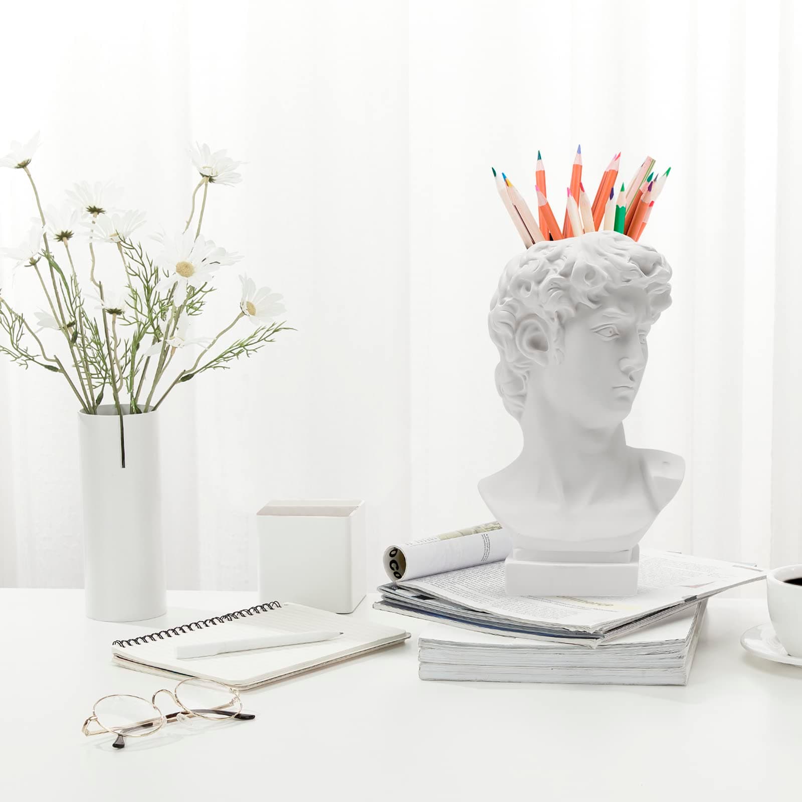 David Statue Greek Head Vase Bust Face Vase Planter Head Retro Decor, Sculpture Brush Holder Bust, Makeup Brushes Container Pen Pencil Holder Statue of David Sculpture Flower Pot