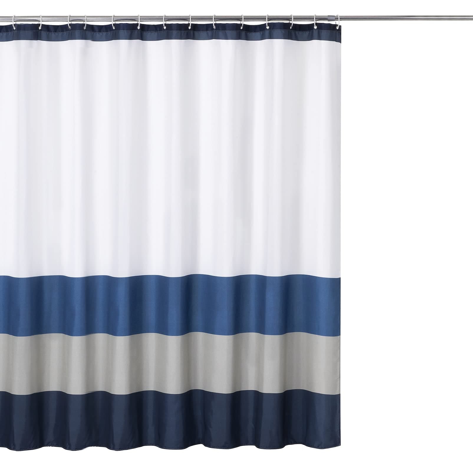 Rama Rose Water Repellent Striped Print Shower Curtain with Hooks for Bathroom Showers– 70 x 72 Inch, Navy/Blue/Grey/White