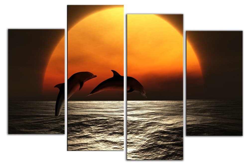 Large Dolphins Sunset Canvas artwork Unique design 4 pieces multi panel split canvas completely ready to hang hanging cord attached, hanging template included for easy hanging, hand made printed to order UK company 40” width 28” height